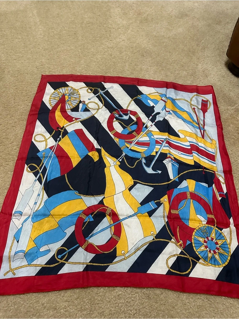 Silk-Feel Nautical Print Scarf in Red, Blue & Yellow